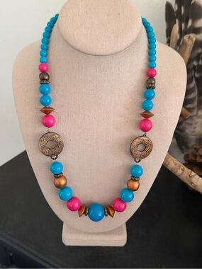 Vintage Turquoise & Pink Beads & Bronze Disks Beaded Necklace